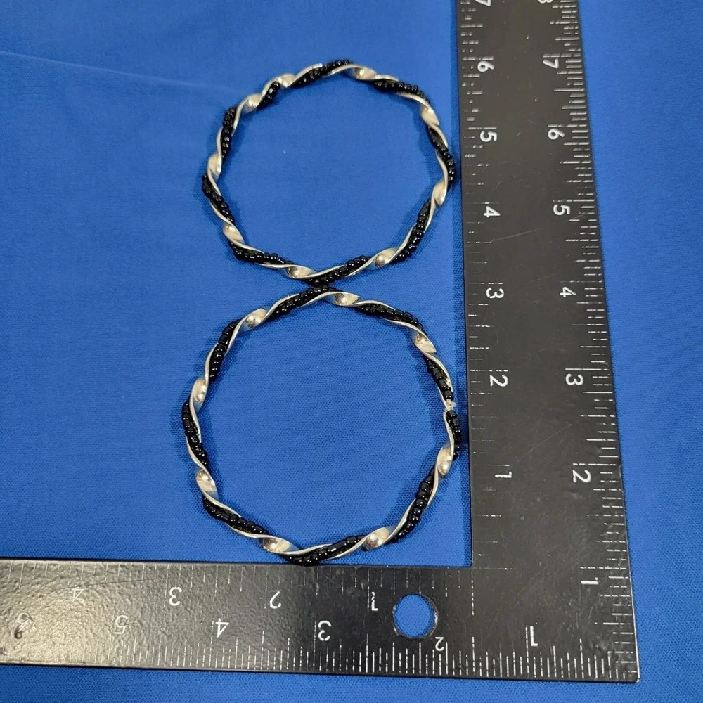 Twisted‎ Black & Silver Beaded Bracelets Bangles Set Of 2